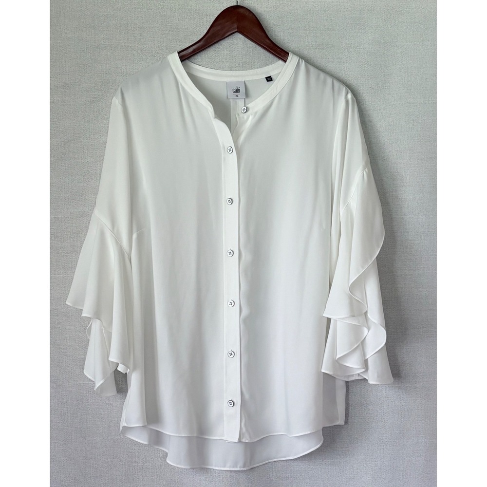 Cabi White Crepe Ruffle Bell Sleeve Button Front Blouse Elegant Versatile XL